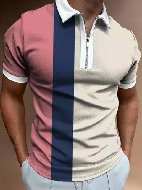 2021 New Men Polo Shirts Summer High Quality Casual Daily Short Sleeve Striped Mens Shirts Turn-Down Collar Zippers TEES Men