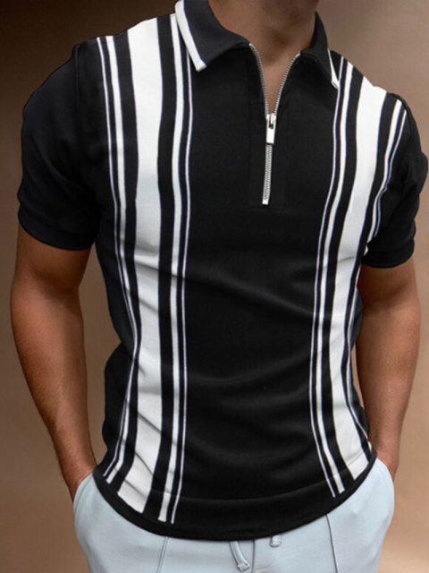 2021 New Men Polo Shirts Summer High Quality Casual Daily Short Sleeve Striped Mens Shirts Turn-Down Collar Zippers TEES Men