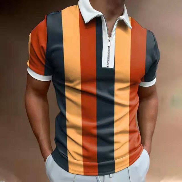 2021 New Men Polo Shirts Summer High Quality Casual Daily Short Sleeve Striped Mens Shirts Turn-Down Collar Zippers TEES Men