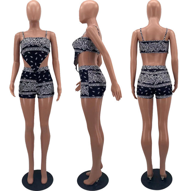 ZOOEFFBB Sexy bandana 2 Piece Set Vacation Outfits strap top and Biker Shorts Sweat Suit Matching Sets for Women Summer Clothes