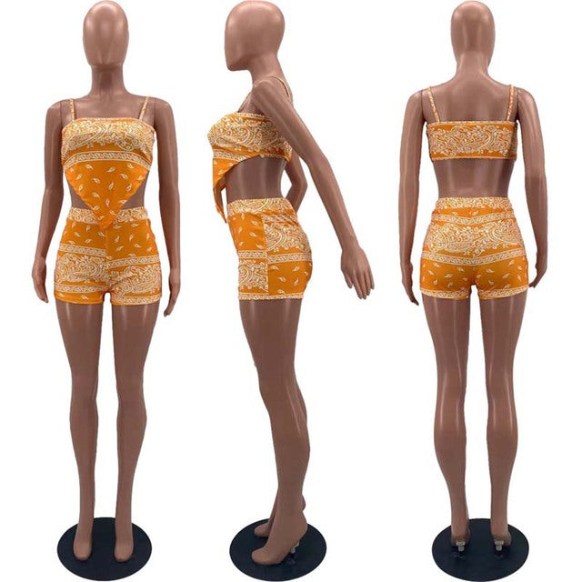 ZOOEFFBB Sexy bandana 2 Piece Set Vacation Outfits strap top and Biker Shorts Sweat Suit Matching Sets for Women Summer Clothes