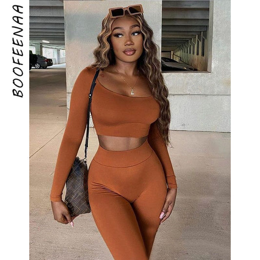 BOOFEENAA Sports Sexy Two Piece Set Long Sleeve Crop Top Pants Leggings Sweat Suits Women Matching Sets Wholesale Items C85-CI31