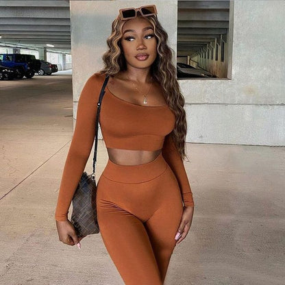 BOOFEENAA Sports Sexy Two Piece Set Long Sleeve Crop Top Pants Leggings Sweat Suits Women Matching Sets Wholesale Items C85-CI31