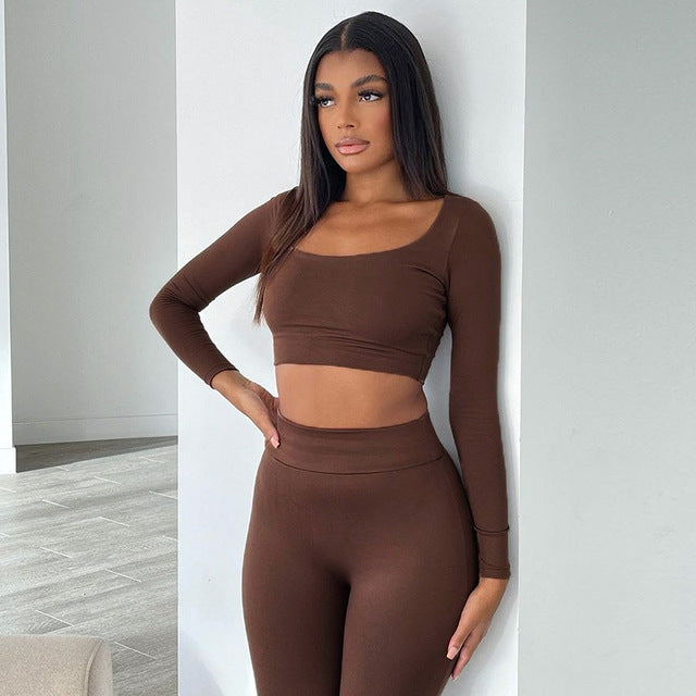 BOOFEENAA Sports Sexy Two Piece Set Long Sleeve Crop Top Pants Leggings Sweat Suits Women Matching Sets Wholesale Items C85-CI31