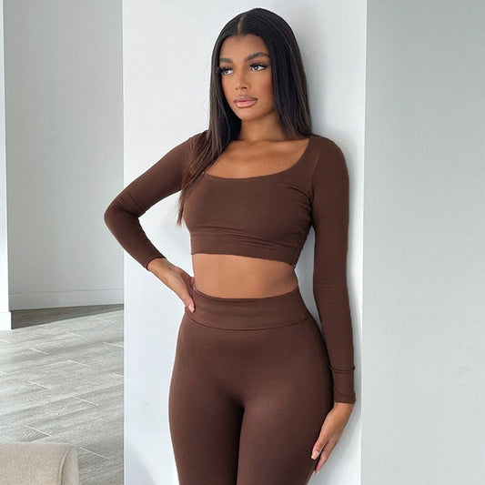 BOOFEENAA Sports Sexy Two Piece Set Long Sleeve Crop Top Pants Leggings Sweat Suits Women Matching Sets Wholesale Items C85-CI31