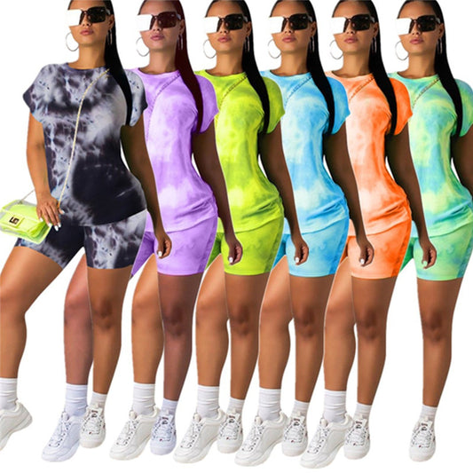 Trendy summer Tie Dye Tracksuit Women clothes 2 Piece Outfits Festival Clothing Short Sleeve Top and Biker Shorts Sweat Suits