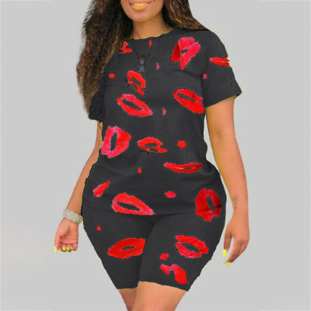Plus Size 5XL Two Piece Set for Women 2021 Summer Tracksuit Lips Short Sleeve Shorts Sweat Suit 2 Piece Outfits Matching Sets