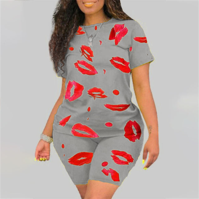 Plus Size 5XL Two Piece Set for Women 2021 Summer Tracksuit Lips Short Sleeve Shorts Sweat Suit 2 Piece Outfits Matching Sets