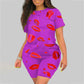 Plus Size 5XL Two Piece Set for Women 2021 Summer Tracksuit Lips Short Sleeve Shorts Sweat Suit 2 Piece Outfits Matching Sets