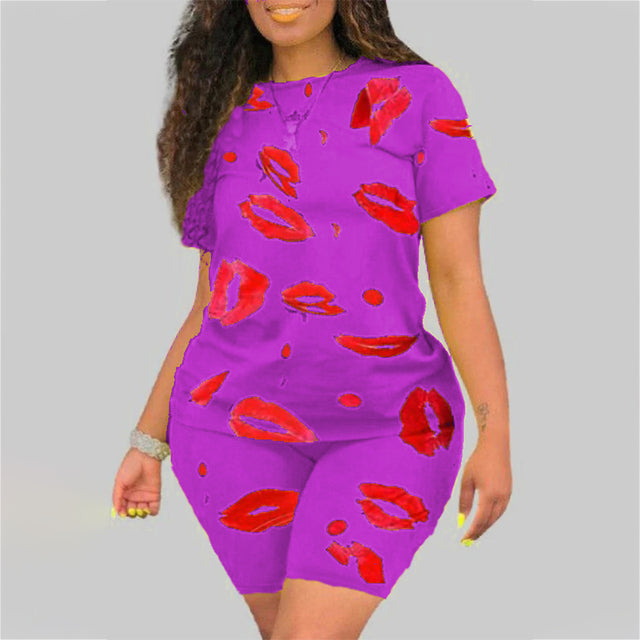Plus Size 5XL Two Piece Set for Women 2021 Summer Tracksuit Lips Short Sleeve Shorts Sweat Suit 2 Piece Outfits Matching Sets