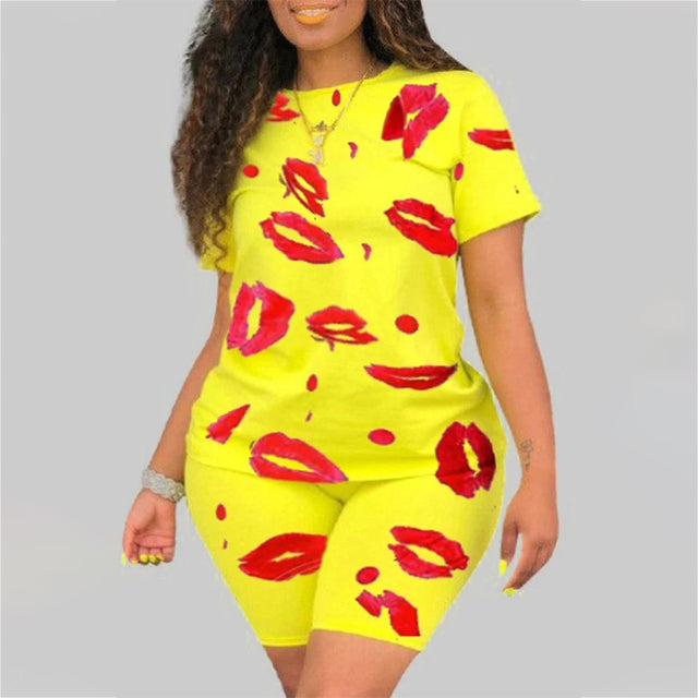 Plus Size 5XL Two Piece Set for Women 2021 Summer Tracksuit Lips Short Sleeve Shorts Sweat Suit 2 Piece Outfits Matching Sets