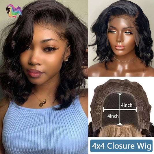 Body Wave Bob Wig Side Part Peruvian Human Hair 13x4 Lace Frontal  Wig Natural Color Lace closure Wigs For black Women Brennas