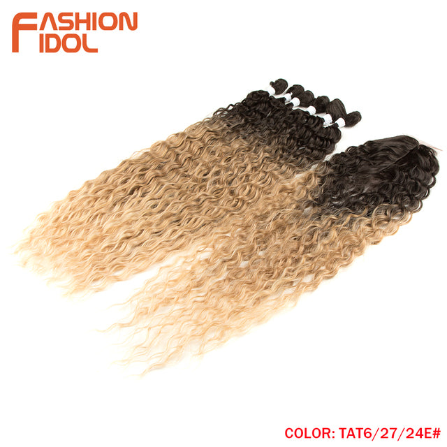 Synthetic Fake Hair Extensions Afro Kinky Curly Hair Bundles With Closure Ombre Golden 30 inch Soft Super Long Wave Hair Weave