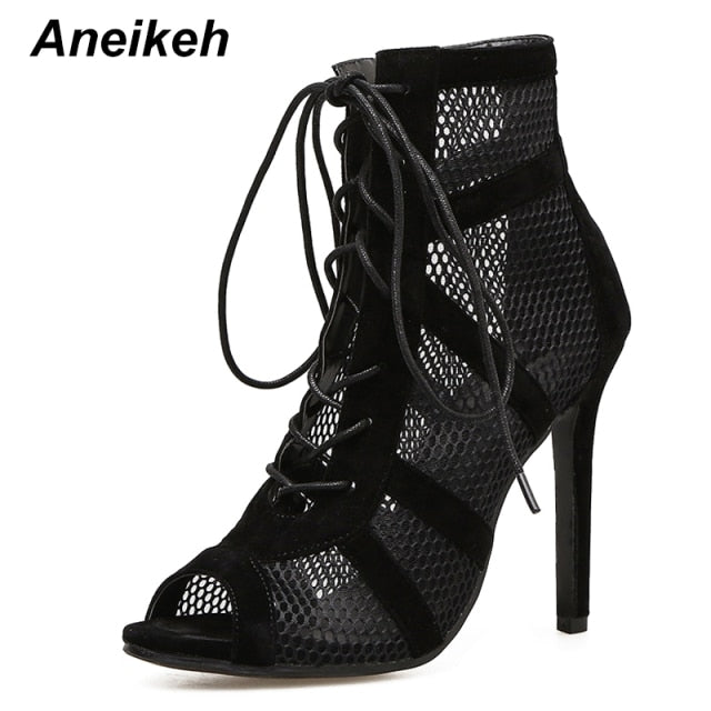 Aneikeh 2022 Fashion Basic Sandals Boots Women High Heels Pumps Sexy Hollow Out Mesh Lace-Up Cross-tied Boots Party Shoes Party