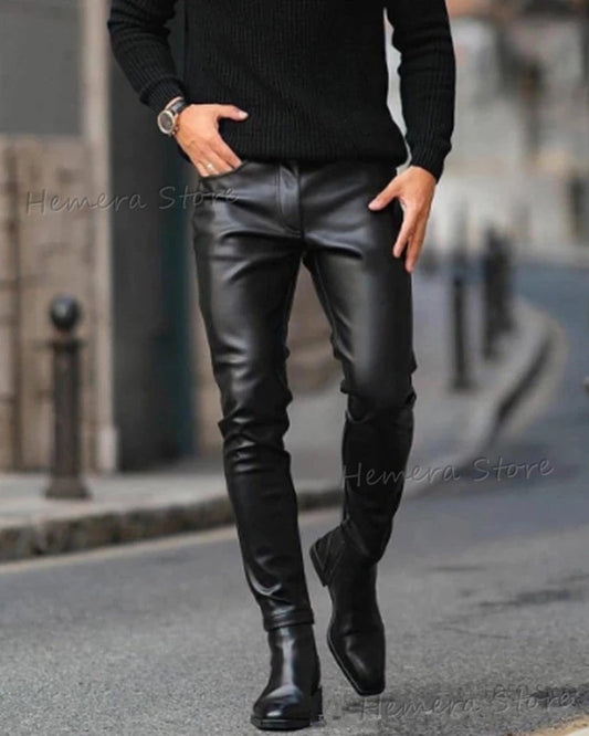 Brand Autumn Men Leather Pants Skinny Fit Elastic Style Fashion PU Leather Trousers Motorcycle Pants Thin Streetwear