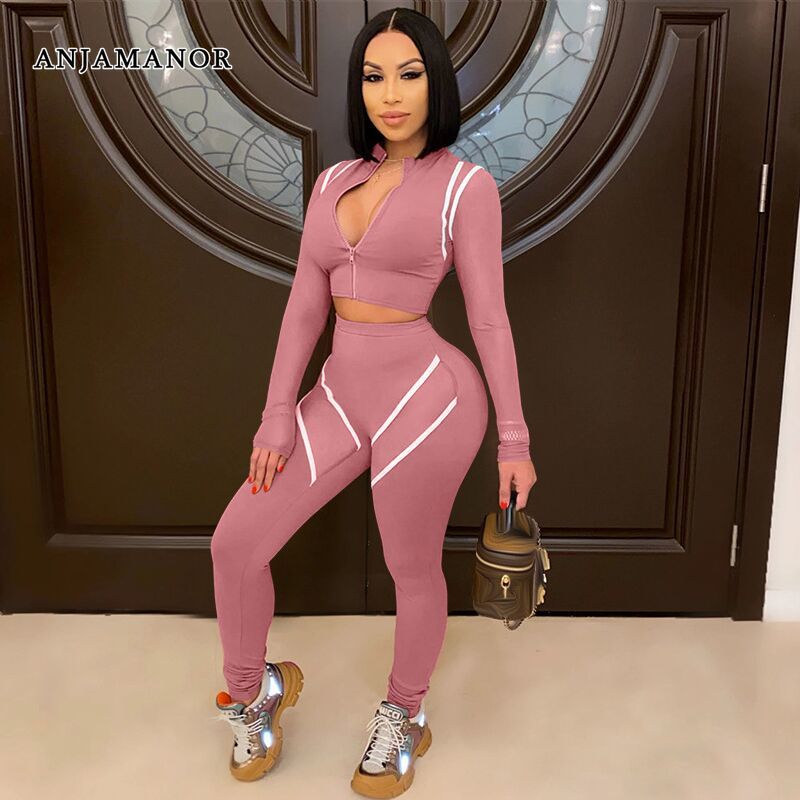 ANJAMANOR Sexy Long Sleeve Two Piece Tracksuit Set Sports Wear 2 Piece Joggers Set Women Sweat Suits Matching Sets D37-DF33