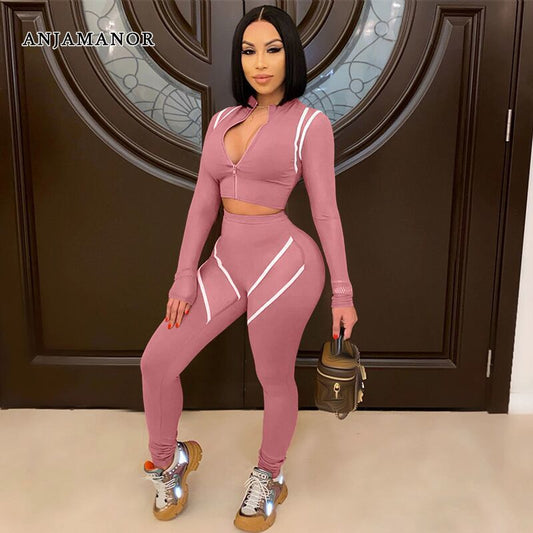 ANJAMANOR Sexy Long Sleeve Two Piece Tracksuit Set Sports Wear 2 Piece Joggers Set Women Sweat Suits Matching Sets D37-DF33