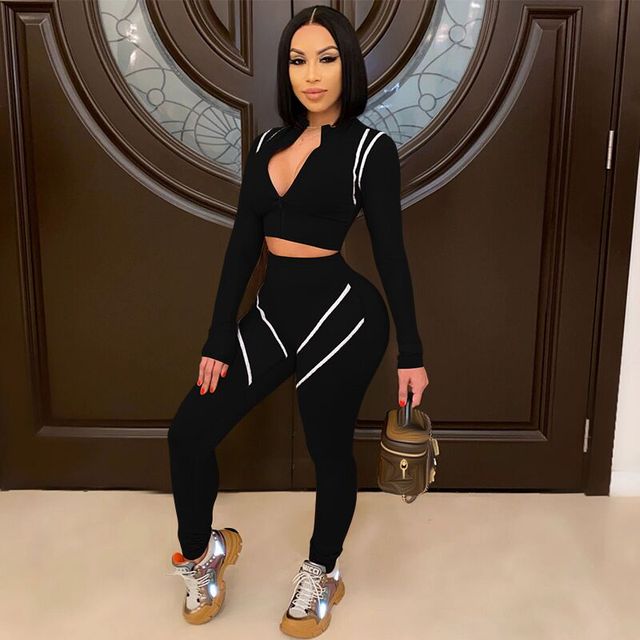 ANJAMANOR Sexy Long Sleeve Two Piece Tracksuit Set Sports Wear 2 Piece Joggers Set Women Sweat Suits Matching Sets D37-DF33
