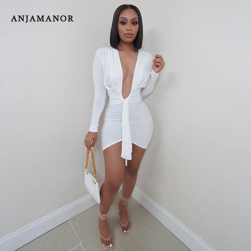 ANJAMANOR Sexy Deep V Neck Long Sleeve Dresses for Women 2021 Black White Bodycon Mini Dress Night Club Outfits D21-CE22