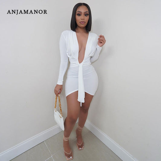 ANJAMANOR Sexy Deep V Neck Long Sleeve Dresses for Women 2021 Black White Bodycon Mini Dress Night Club Outfits D21-CE22