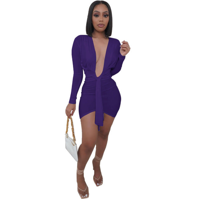ANJAMANOR Sexy Deep V Neck Long Sleeve Dresses for Women 2021 Black White Bodycon Mini Dress Night Club Outfits D21-CE22