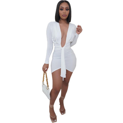 ANJAMANOR Sexy Deep V Neck Long Sleeve Dresses for Women 2021 Black White Bodycon Mini Dress Night Club Outfits D21-CE22