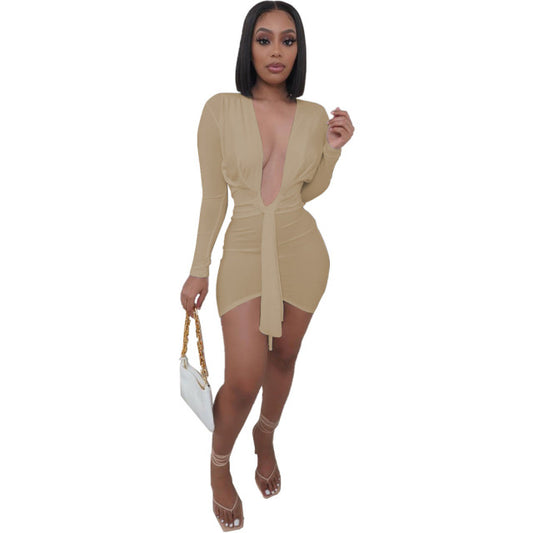 ANJAMANOR Sexy Deep V Neck Long Sleeve Dresses for Women 2021 Black White Bodycon Mini Dress Night Club Outfits D21-CE22