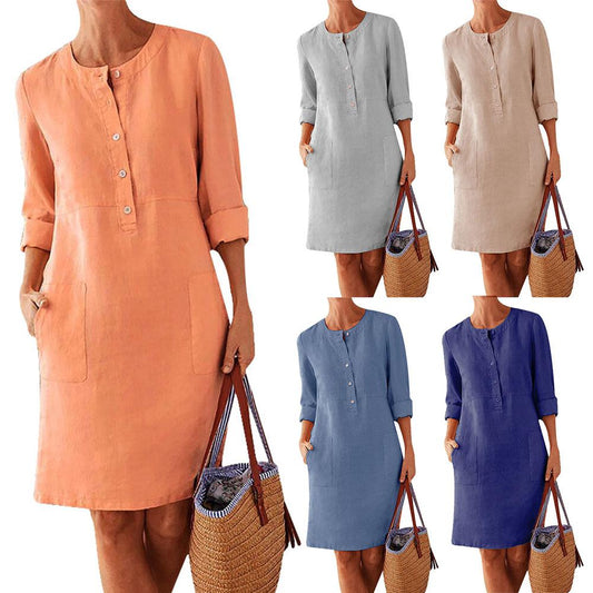 Solid Color spring Cotton Linen Dress 2021 Spring Button O-Neck Knee Party Dress Women Long Sleeve Pocket Dresses Plus Size 5XL