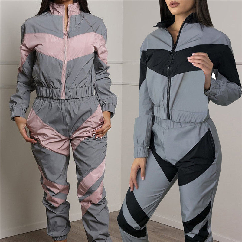 Reflective Two Piece Set Women Tracksuit Spring Clothes Zipper Jacket Crop Top and Pants Sets Casual Sweat Suits Chandal Mujer