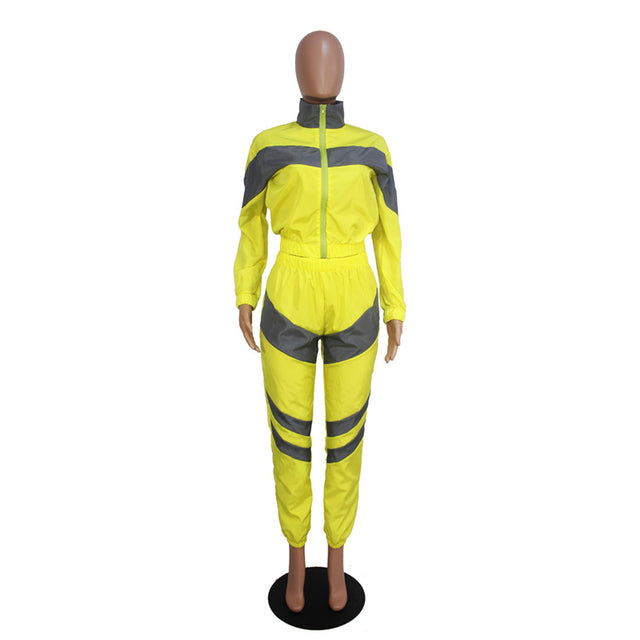 Reflective Two Piece Set Women Tracksuit Spring Clothes Zipper Jacket Crop Top and Pants Sets Casual Sweat Suits Chandal Mujer