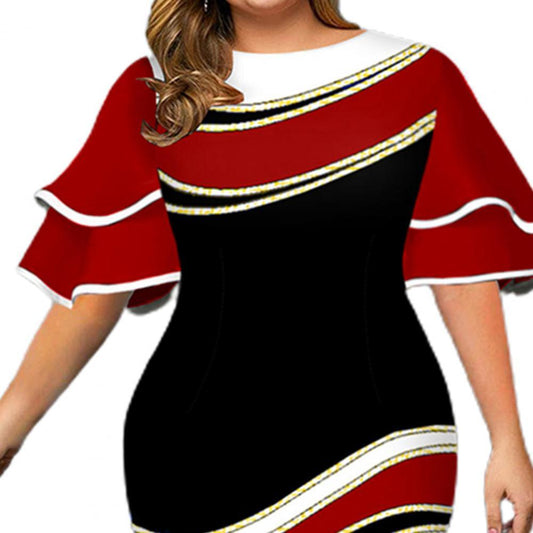 Plus Size Clothes Women Dress Vintage Geometric Print Layered Bell Sleeve Autumn Round Neck Curve Bodycon Midi Dress for Wedding