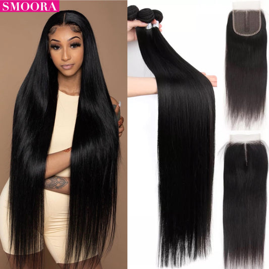 30 32 38 40 Brazilian Bundles With Closure Bone Straight Human Hair With Closure Brazilian Weaving Remy Hair 5x5x1 For Women