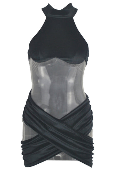 Beyprern New Chic Hollow Out Velvet Mini Dress Summer Sleeveless Sheer Mesh Patchwork Skinny Party Club Wear Rave Outfits