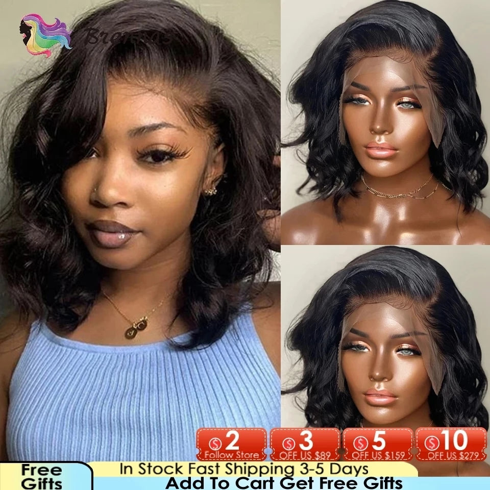 Body Wave Bob Wig Side Part Peruvian Human Hair 13x4 Lace Frontal  Wig Natural Color Lace closure Wigs For black Women Brennas