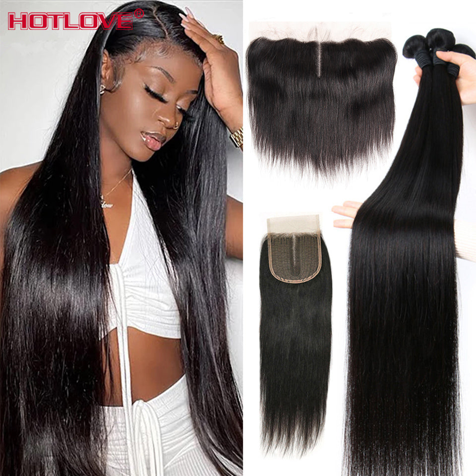 36 38 40 Inch Straight Bundles With Closure Brazilian Hair Weave Bundles With Closure Frontal Pre Plucked Remy Hair Extension