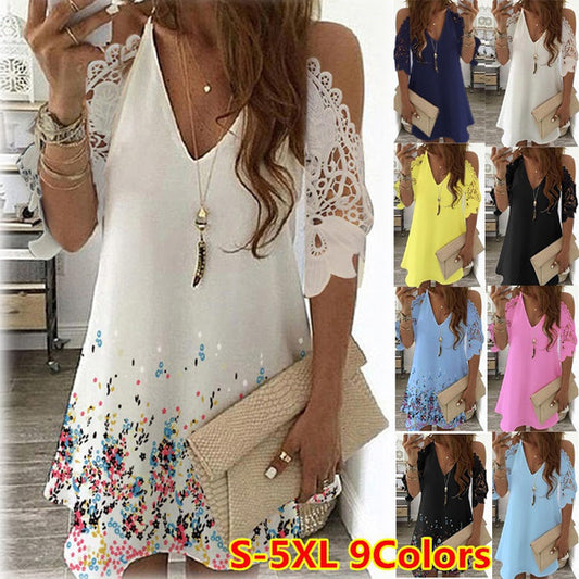 Sexy Off Shoulder Dress Women Vintage Floral Print Lace Half Sleeve Mini Dresses Casual Sling V Neck Boho Beach Party Dresses