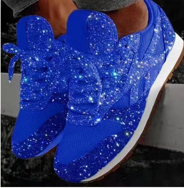 Women Casual Glitter Shoes Mesh Flat Shoes Ladies Sequin Vulcanized Shoes Lace Up Sneakers Outdoor Sport Running Shoes