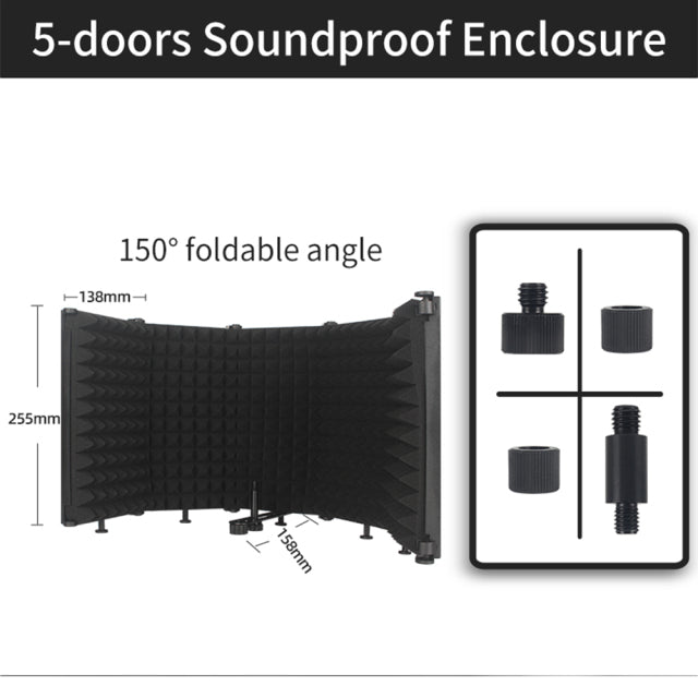 Adjustable 5 Panel Microphone Isolation Shield Foldable Studio Recordi