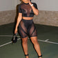 HAOYUAN Sexy Mesh Sheer Splicing Tracksuit Two Piece Set Crop Top and Shorts Sweat Suit Summer Clothes for Women Club Outfits