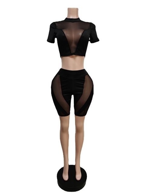 HAOYUAN Sexy Mesh Sheer Splicing Tracksuit Two Piece Set Crop Top and Shorts Sweat Suit Summer Clothes for Women Club Outfits