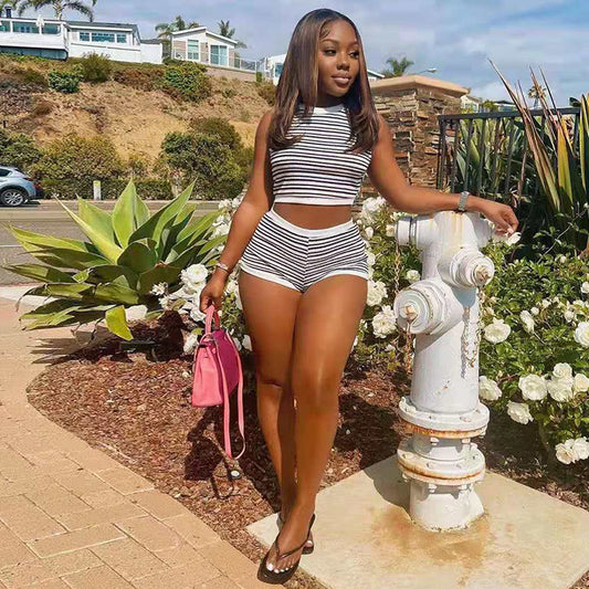 Black White Striped Print Two Piece Shorts Set 2022 Women Sexy Sleeveless Slim Fit Crop Top+bodycon Shorts Casual Sweat Suits
