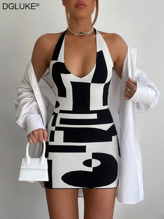 Geometric Print Short Summer Dresses Woman 2022 Backless Halter Bodycon Dress Sexy Beach Party Mini Dress Green Club  Outfits